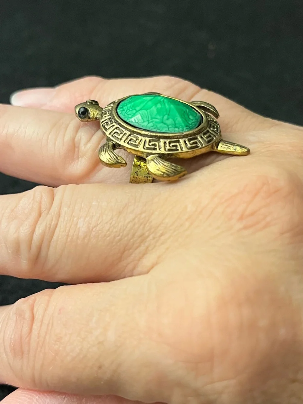 Vintage Turtle Ring with Green Faceted Stone and Antique Gold Finish Adjustable